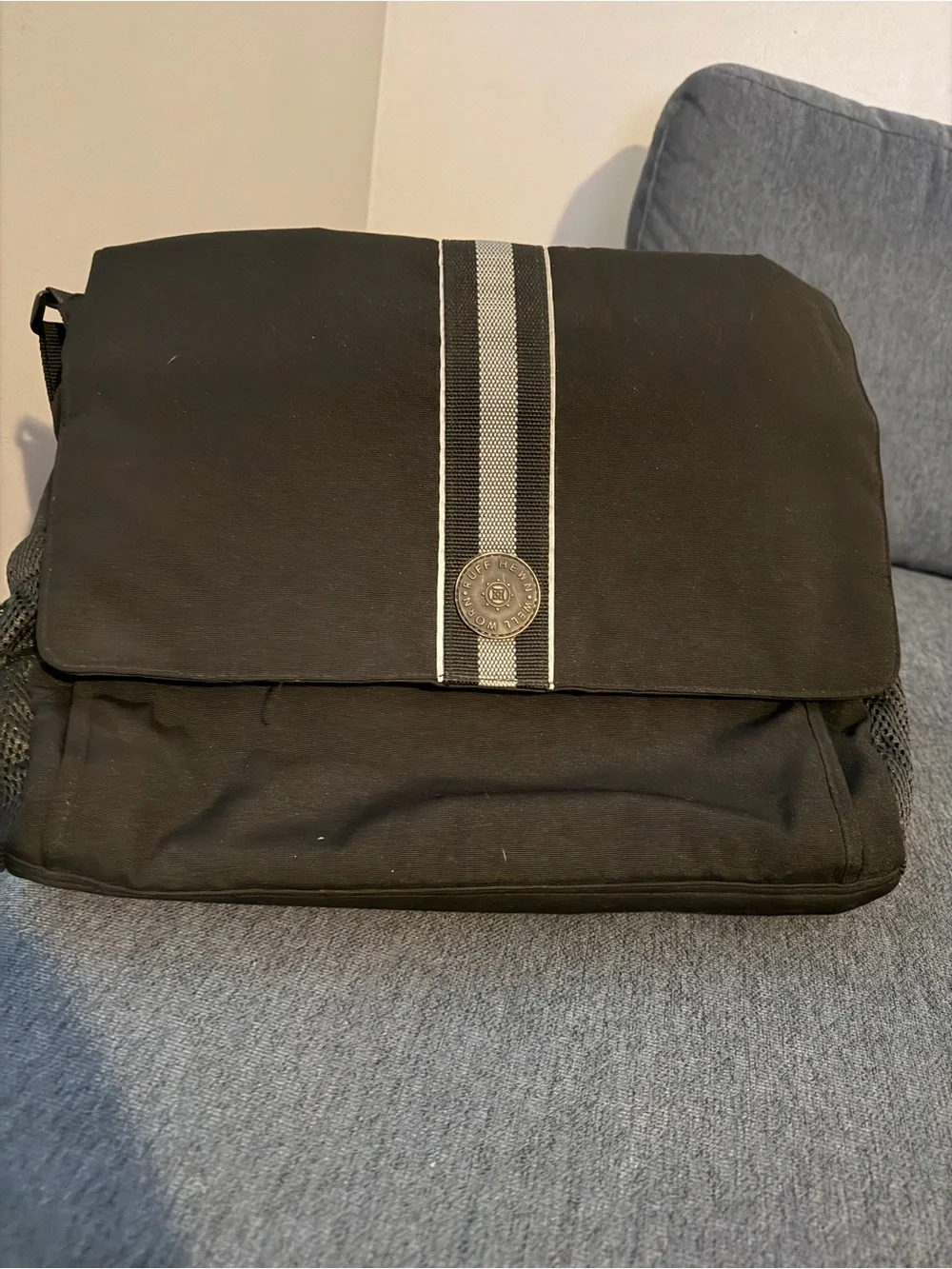 Ruff Hewn Black Messenger Bag with White Center Stripe